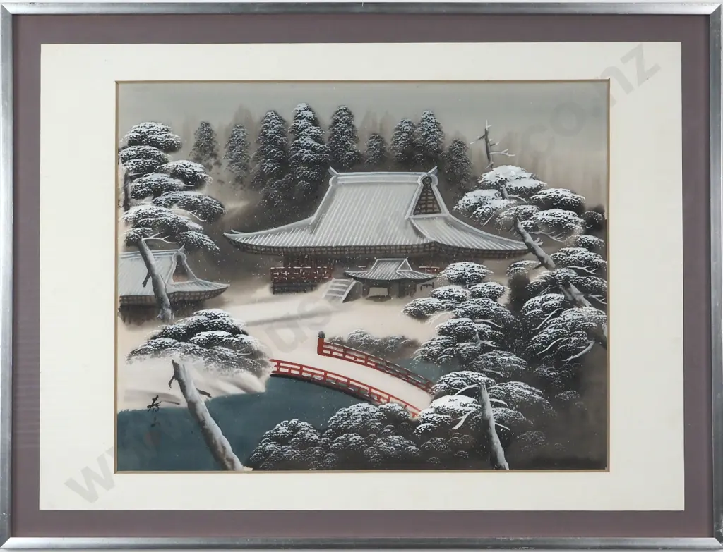 Signature in Japanese Script.  Winter Scene. Print. Image 1++