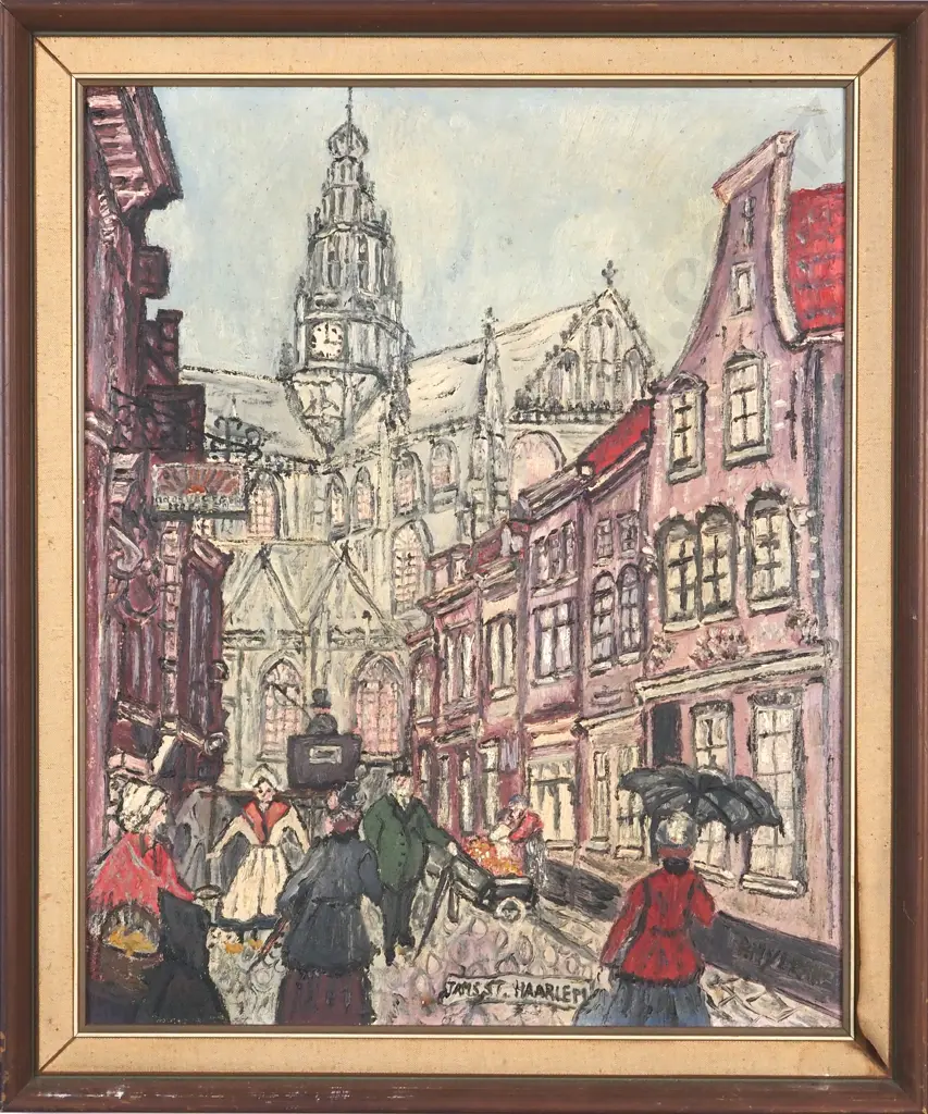 Framed Pair Of City Street w Cathedral Scenes, Netherlands. Oil On Board. Image 1++