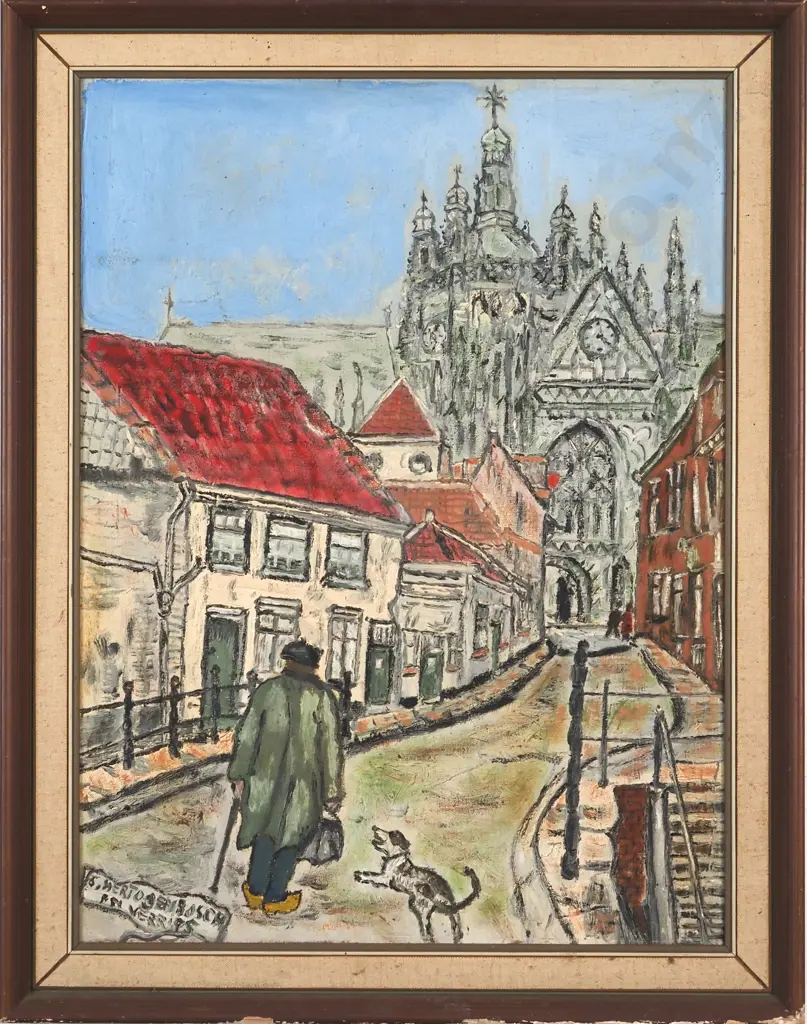 Framed Pair Of City Street w Cathedral Scenes, Netherlands. Oil On Board. Image 1++