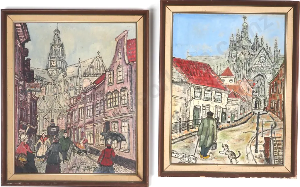Framed Pair Of City Street w Cathedral Scenes, Netherlands. Oil On Board. Image 1++