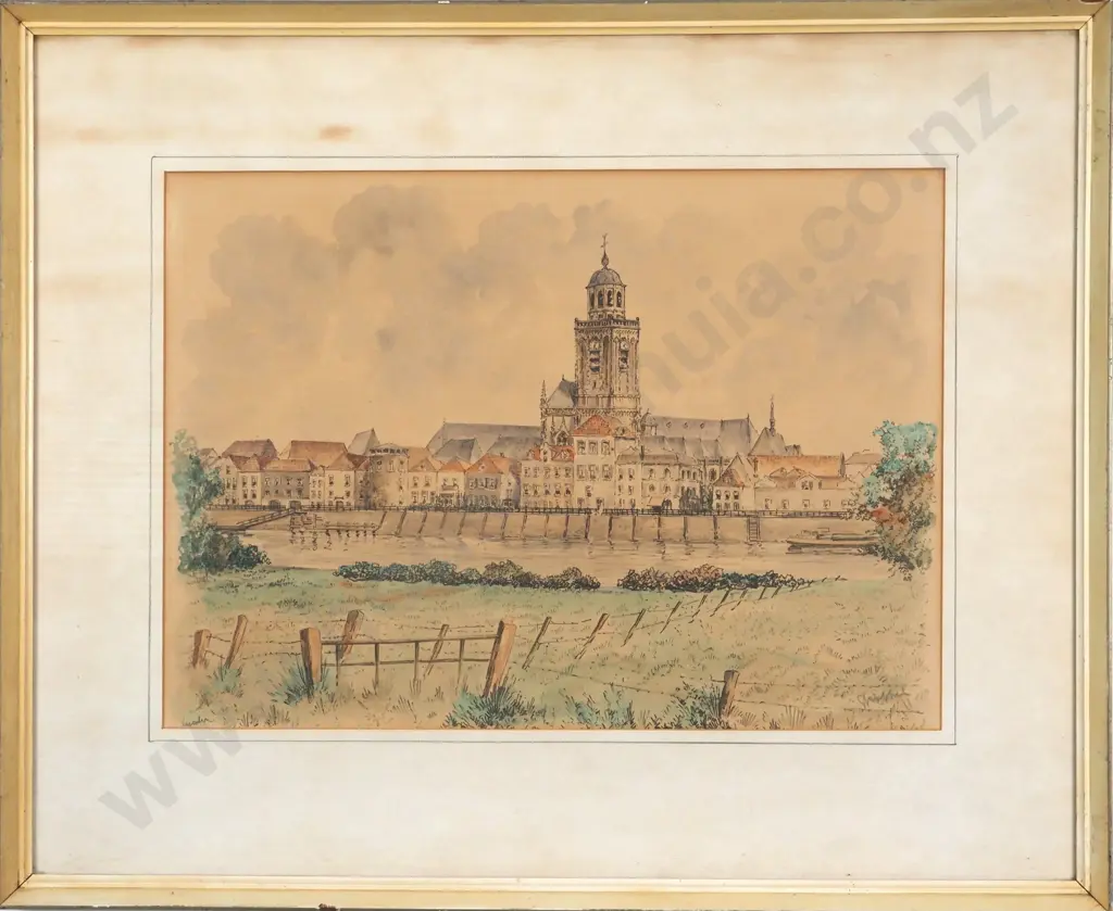 Strobel (Possibly). Architectural Depiction of a  European City w Cathedral. Watercolour. Image 1++