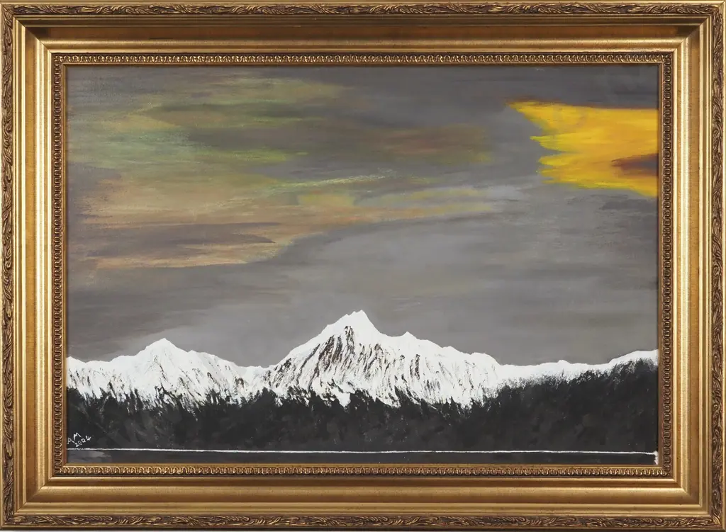 Alf Moreton. 2004. Mountain Range At Sunset. Oil On Board. Image 1++