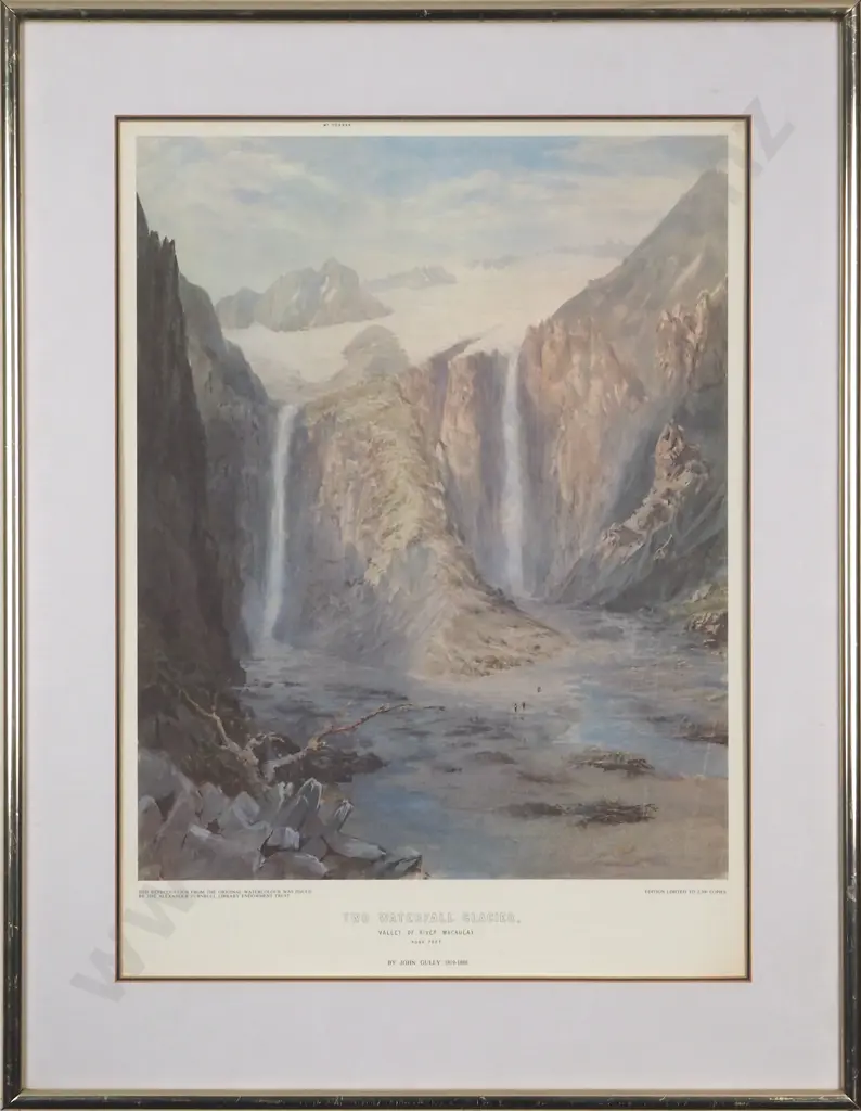 John Gully. Two Waterfall Glacier.  Reproduction Print from Original Watercolour. Image 1++