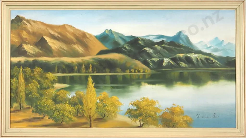S. Manha (Possibly). Autumn Lake, Wanaka, Otago. Oil on Board. Image 1++