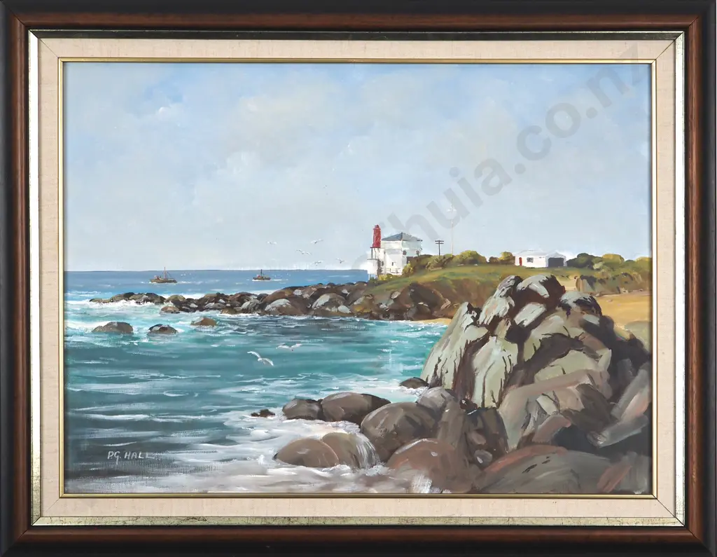 P G Hall. Coastal Scene With Lighthouse. Oil On Board. Image 1++