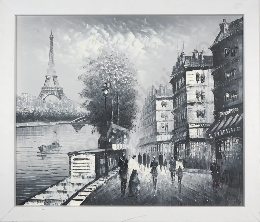Riverside Walkway, Paris. Monochrome. Oil. Image 1++