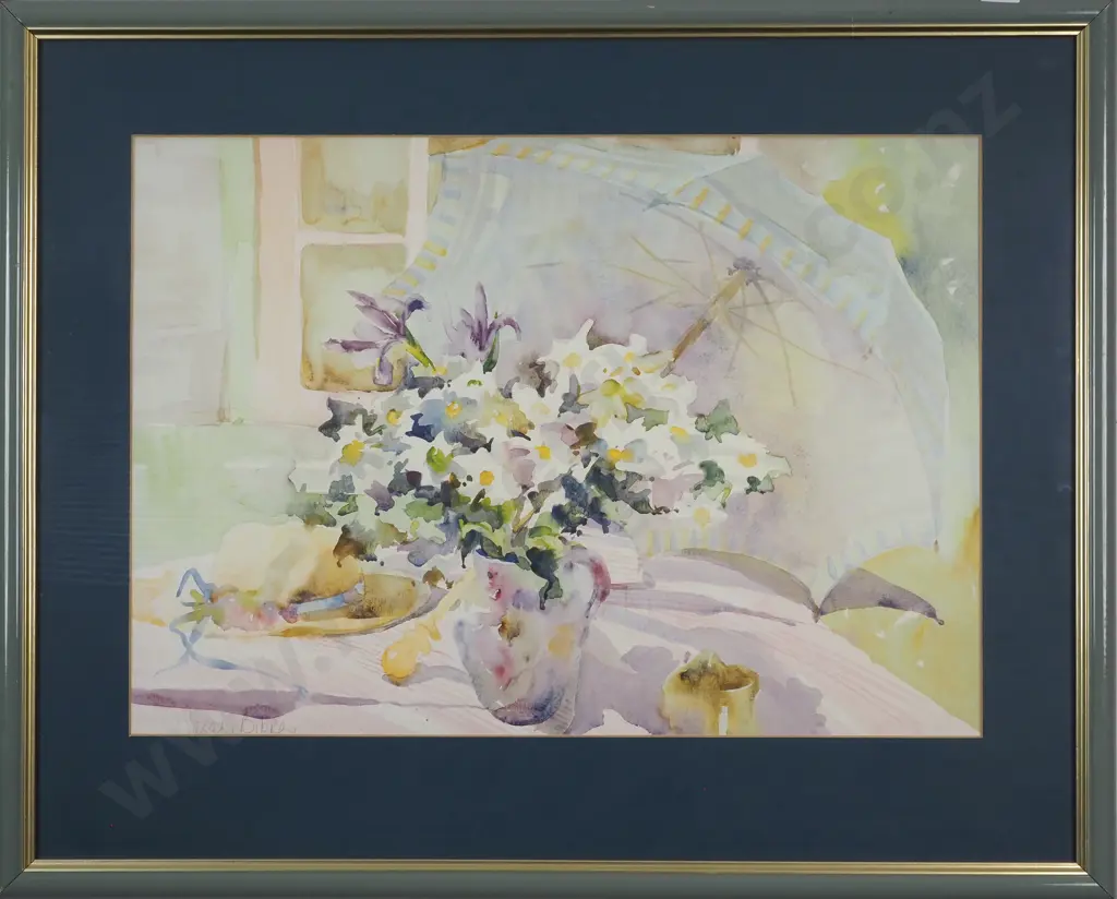 Sarah Bibra. Still Life - Flowers & Umbrella. Watercolour. Image 1++