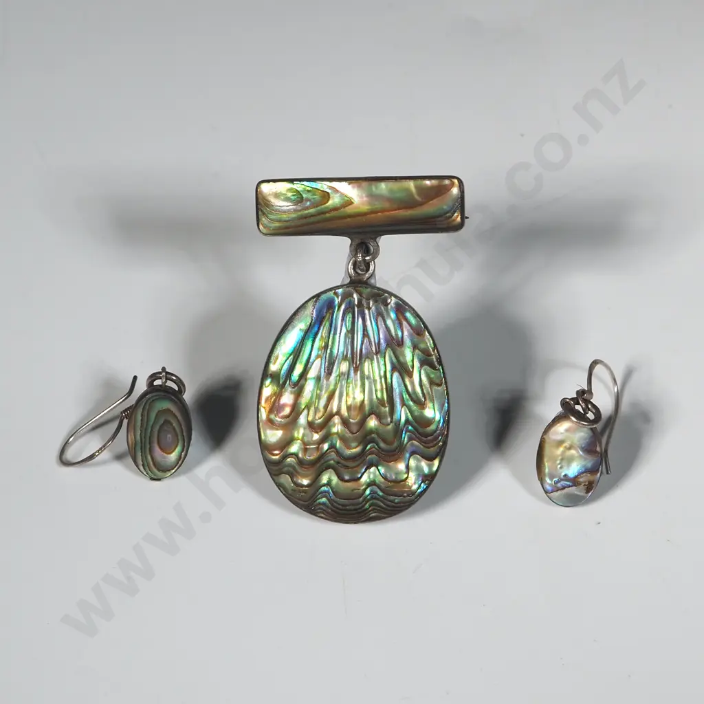 Sterling Silver & Paua Shell  Oval Pendant Brooch On A Bar  & Oval Drop Hook Earrings Image 1++