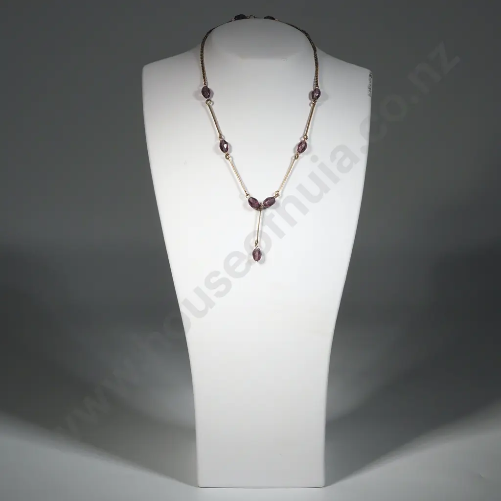 Edwardian Lariat Rolled Gold & Facetted Glass Choker Necklace Image 1++