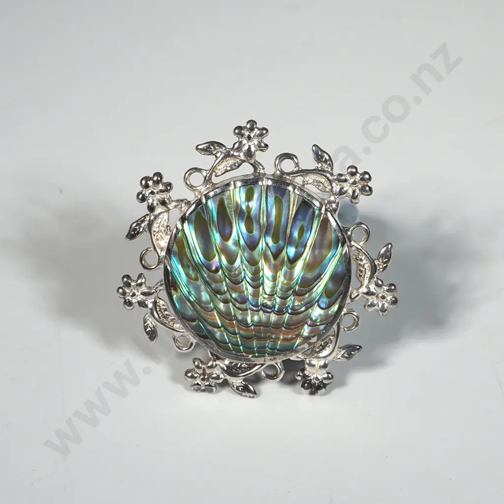 Vintage Fan Shaped Paua Shell Brooch Set In A  Sterling Silver Rim Image 1++
