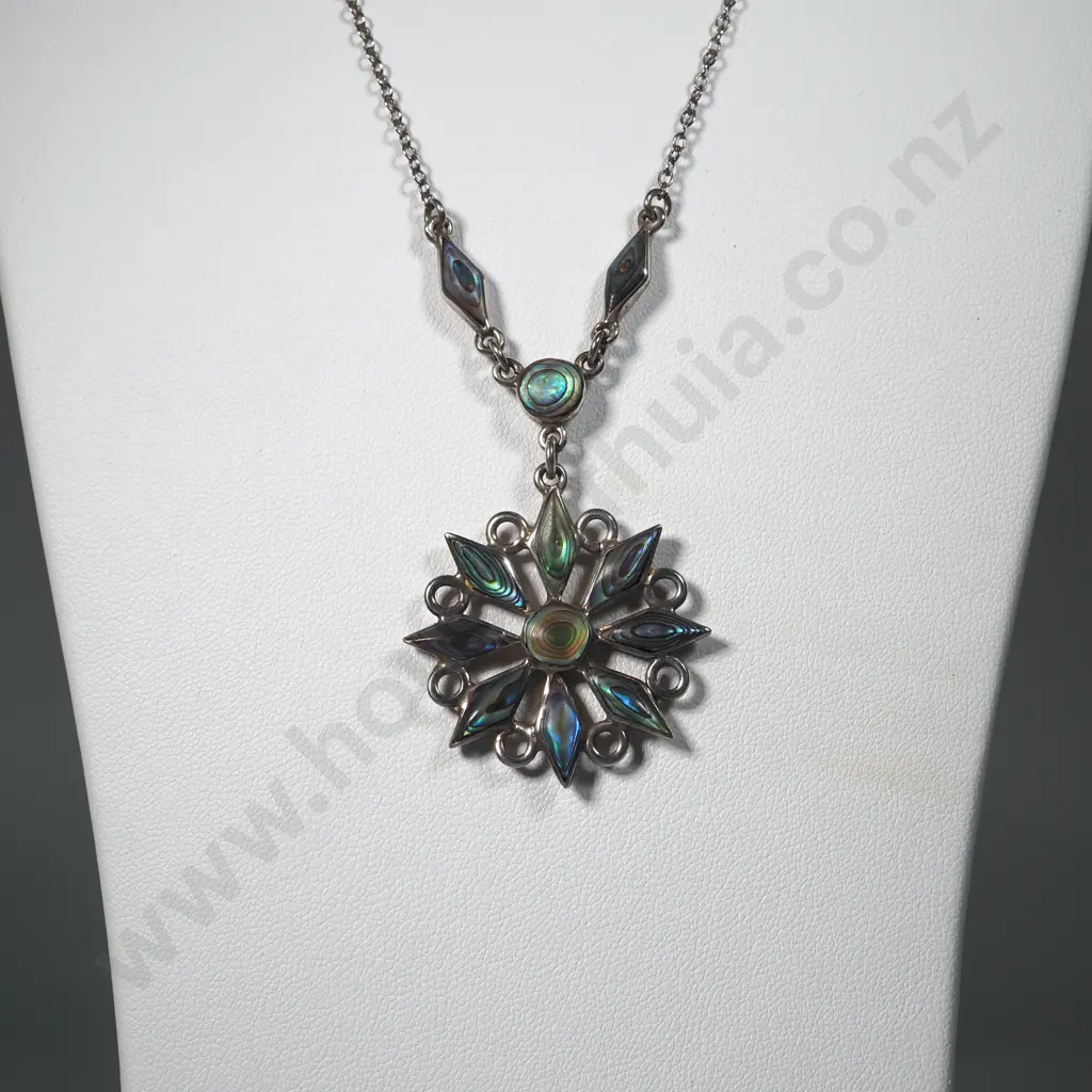 Vintage Sterling Silver & Paua Shell Brooch On Bar & Matching Pendant On Silver Chain Image 1++