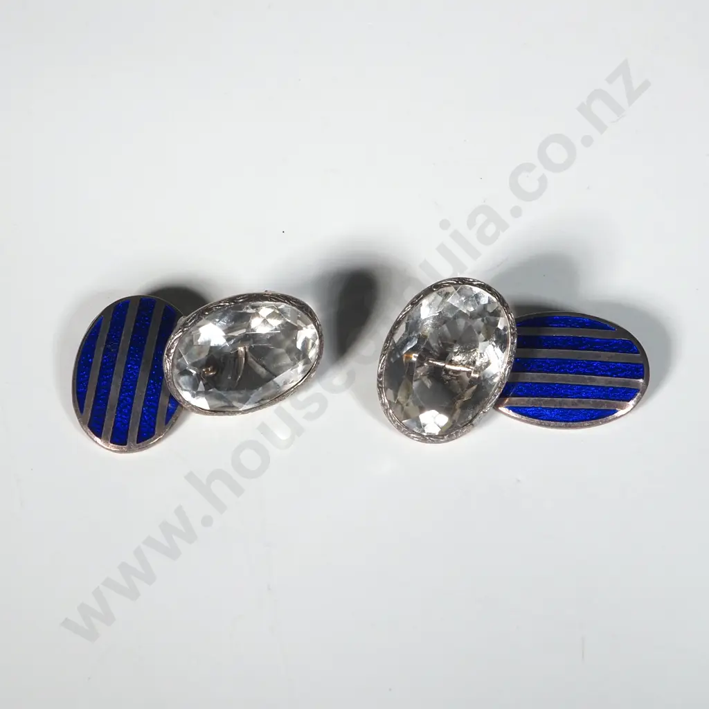 Sterling Silver Blue Enamel & Facetted Crystal Cufflinks Image 1++