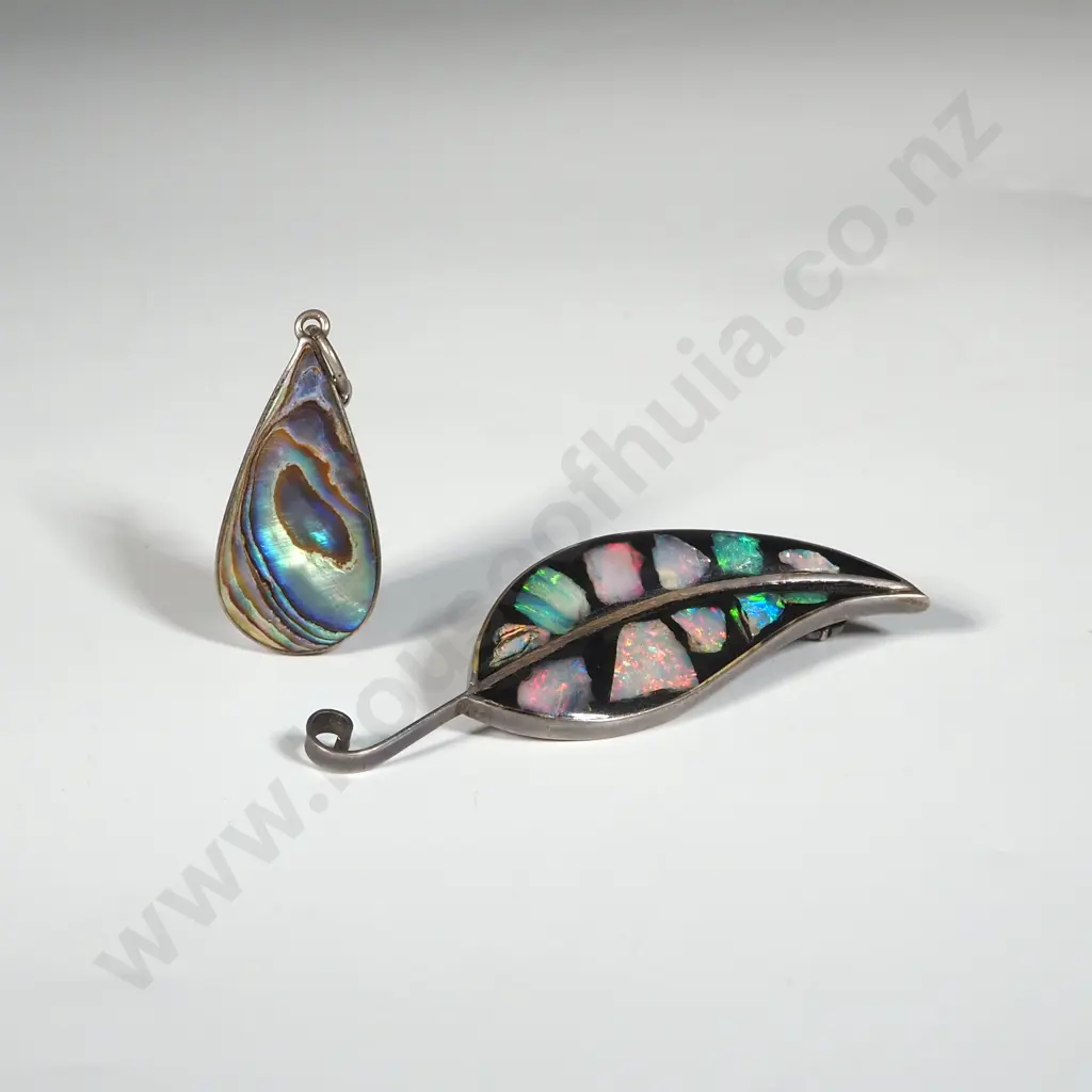 Sterling Silver & Paua Shell Brooch & Sterling Silver Opal & Onyx Brooch Leaf Pendant. Image 1++