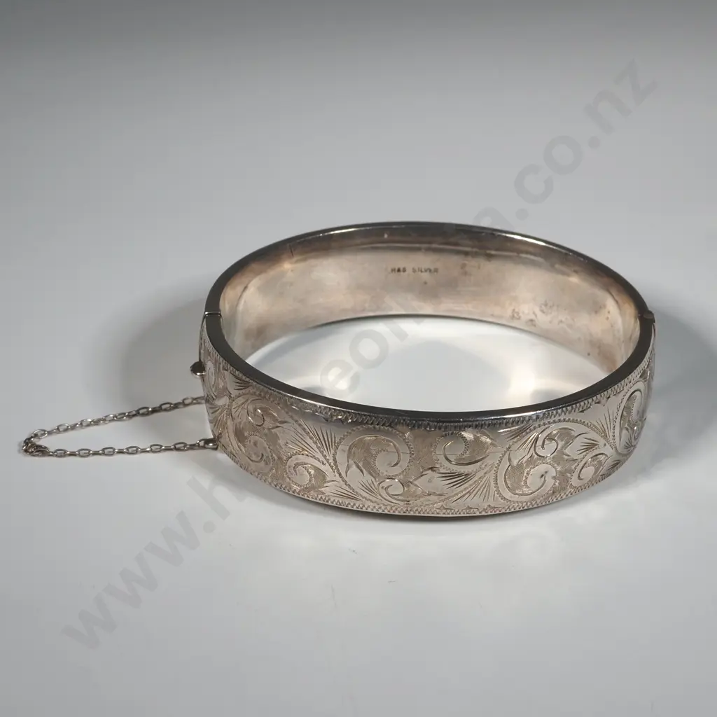 Sterling Silver Engraved Snap Bangle with Engraved Decoration to Front Image 1++