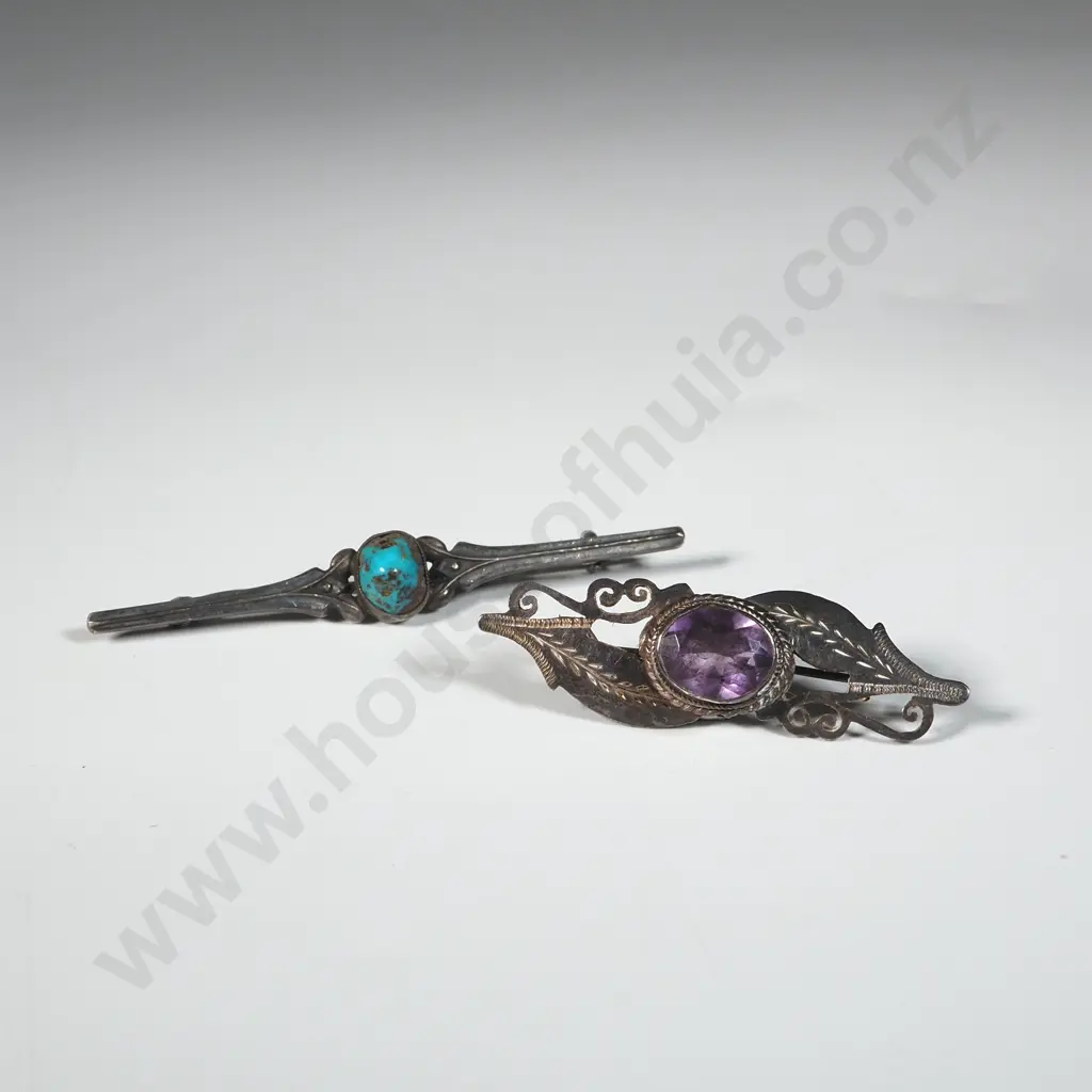 Two Vintage Sterling Silver Bar Brooches. One Set With An Amethyst & The Other With A Turquoise.  Image 1++