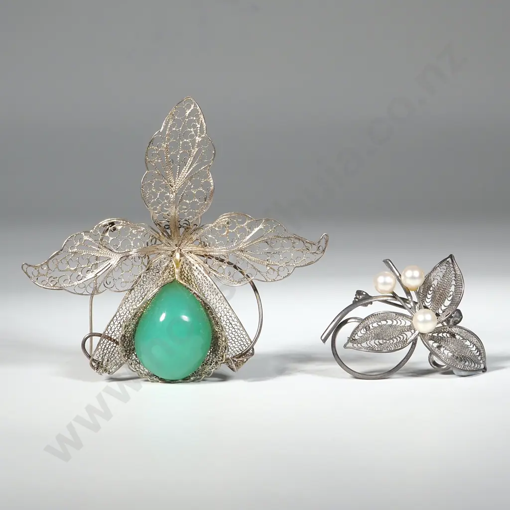 Two Filigree Sterling Silver Floral Brooches. The Larger In The Form Of An Orchid With Jadeite Stone Image 1++