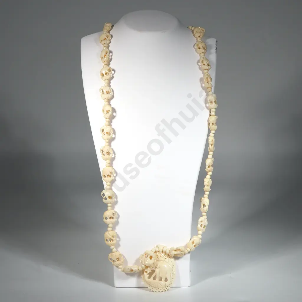 Carved Bone Necklace w Elephant Motifs  Image 1++