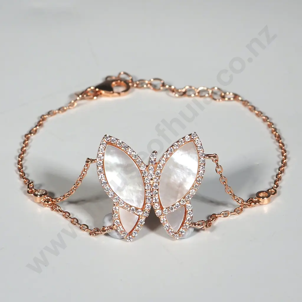 Sterling Silver Rose Gold Bracelet Featuring A  Mother Of Pearl & White Stone  Butterfly Motif Image 1++