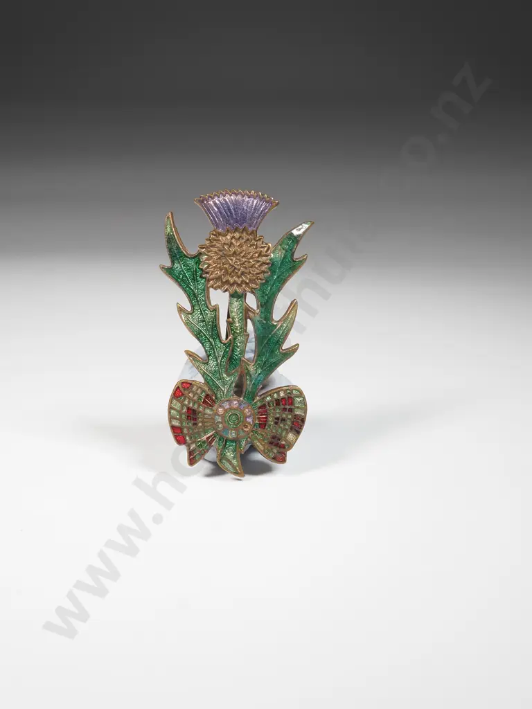 Vintage Brass & Enamel Thistle Brooch - Some Enamel Loss Image 1++