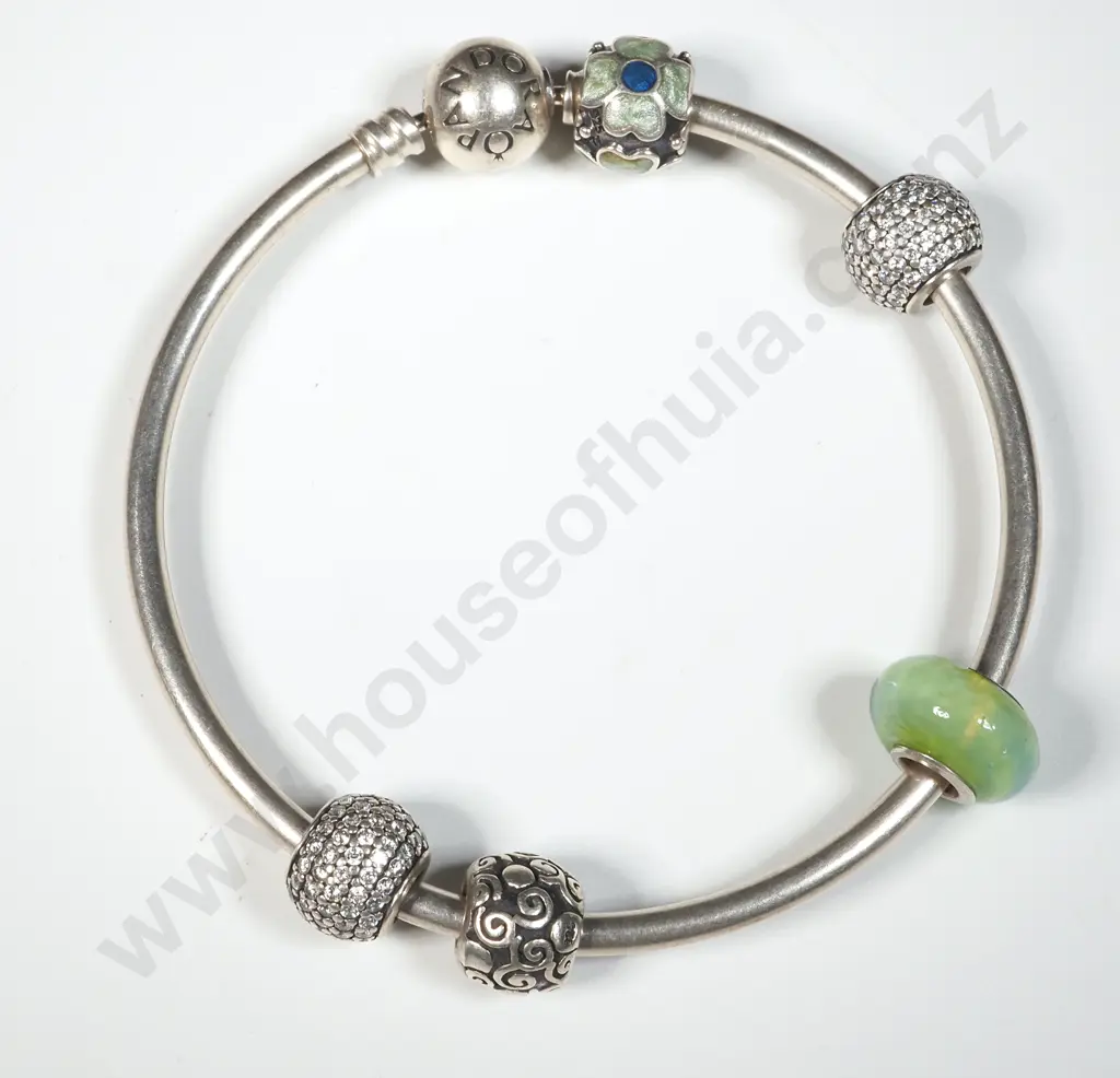 Sterling Silver Pandora Bracelet w Five Charms Image 1++