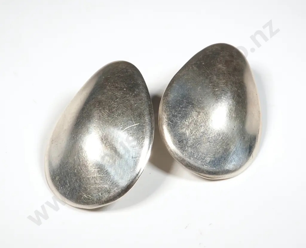 Pair Of Mexican Silver Large Elongated Dome Earrings Image 1++