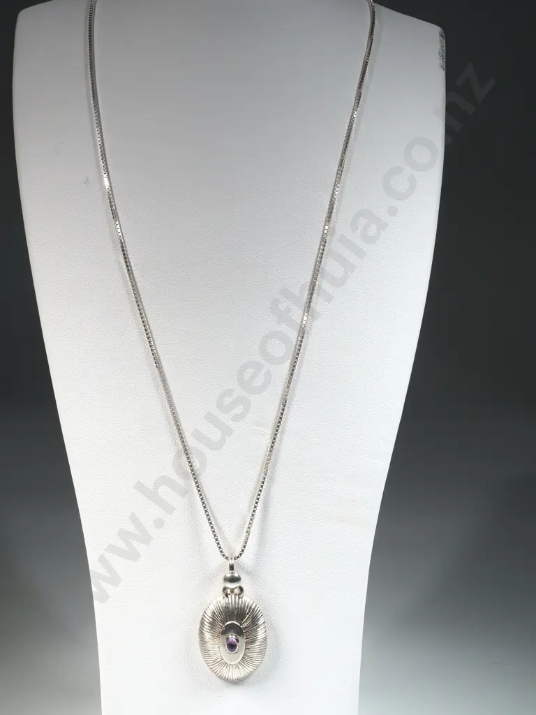 Sterling Silver Oval Pendant Set With An Amethyst On A Sterling Box Link Chain Image 1++