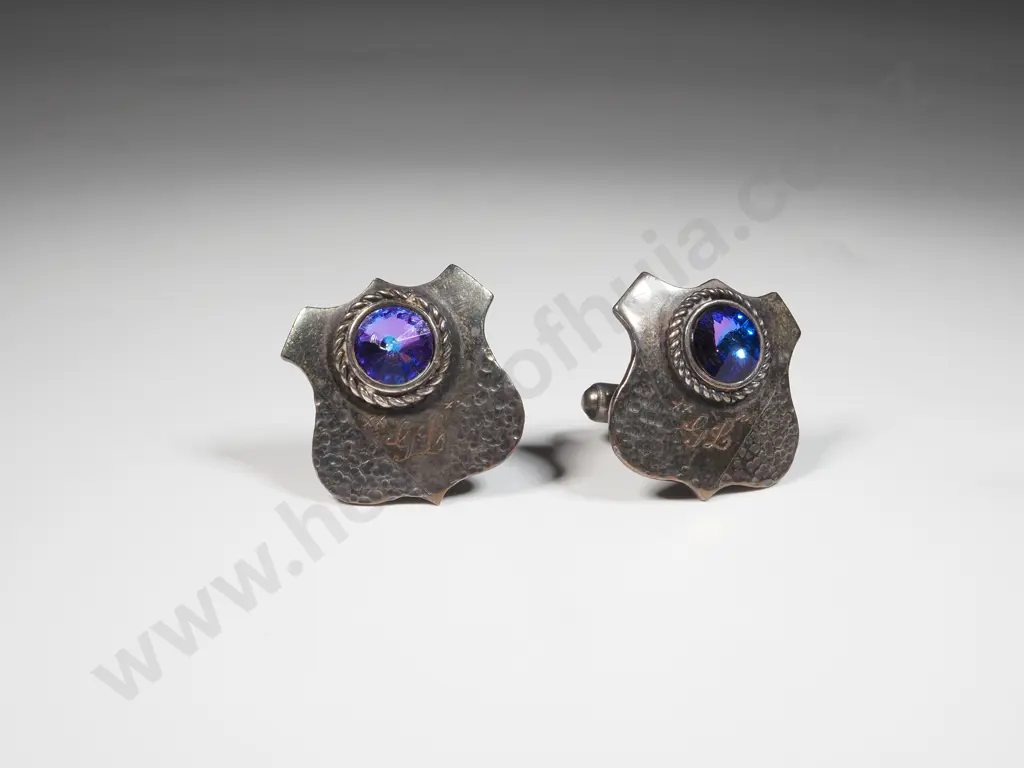 Pair Of Pewter Shield Shaped Cufflinks with Purple Facetted Stone. Initialled GL Image 1++