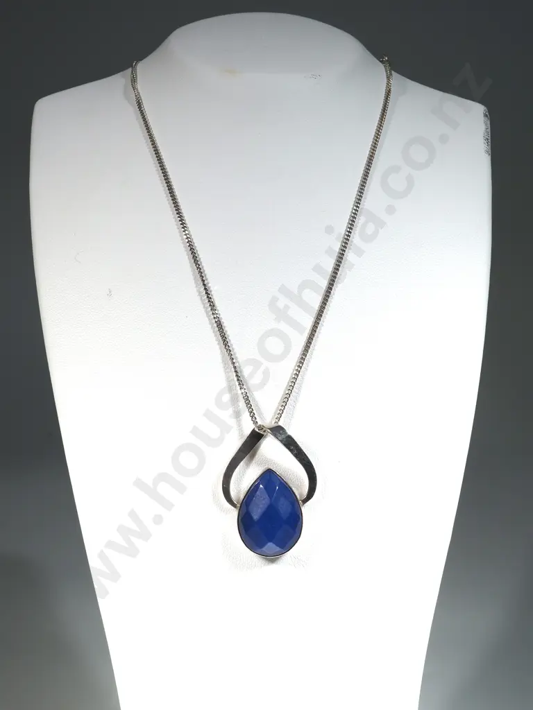 Sterling Silver & Facetted  Blue Pendant with Flat Link Chain  Image 1++