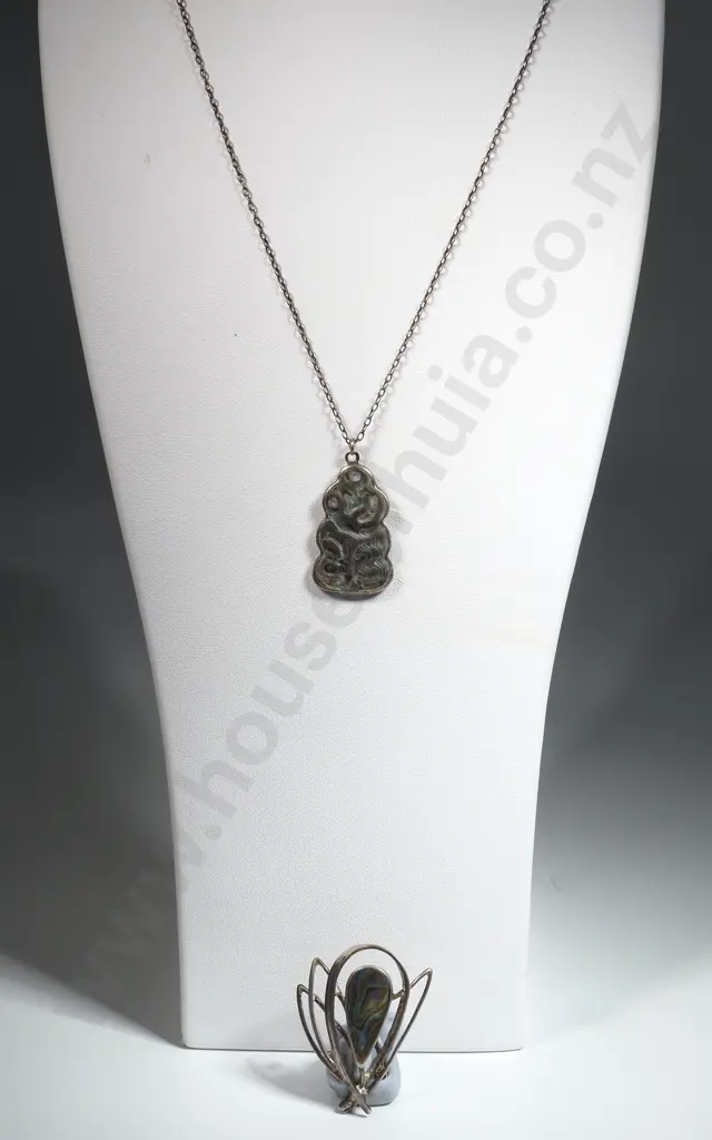 Vintage Sterling SIlver Tiki on Chain w Paua Brooch  Image 1++