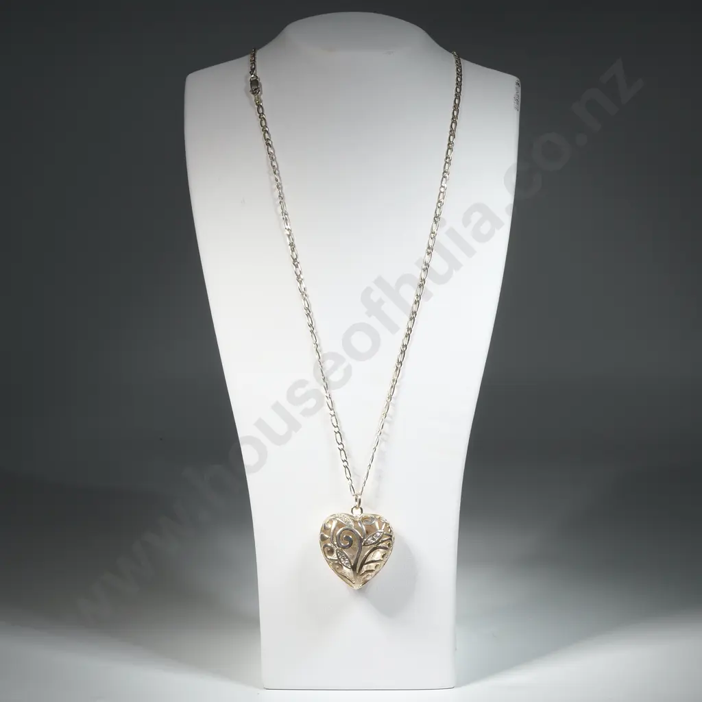 Sterling Silver Heart  Shaped White Stone Open Work  Pendant With Figaro Link Chain Image 1++
