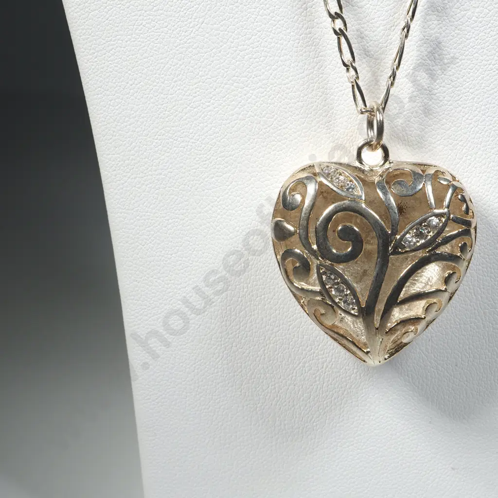 Sterling Silver Heart  Shaped White Stone Open Work  Pendant With Figaro Link Chain Image 1++