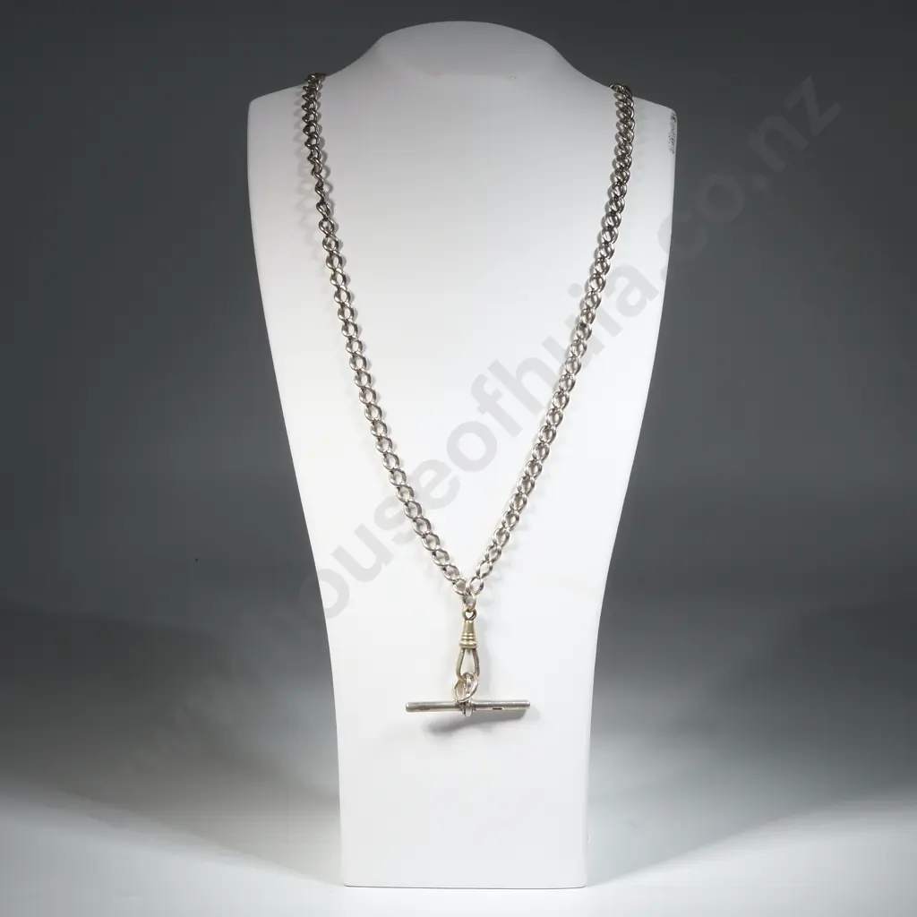 Sterling Silver Chain Link Fob Chain With T Bar & Silver Plate Clip  Image 1++