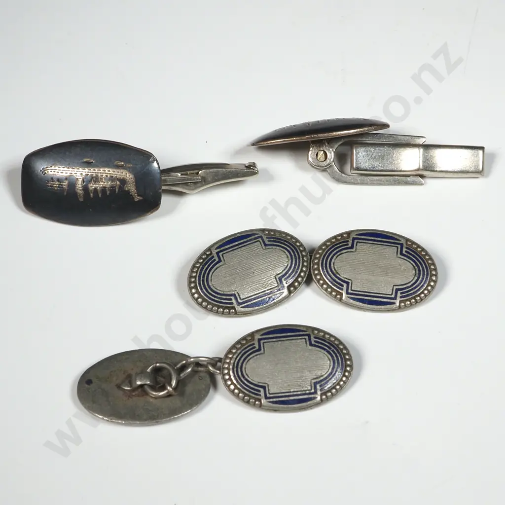 Sterling Silver & Blue Enamel Cufflinks & A Pair Of Siam Sterling Cufflinks Image 1++