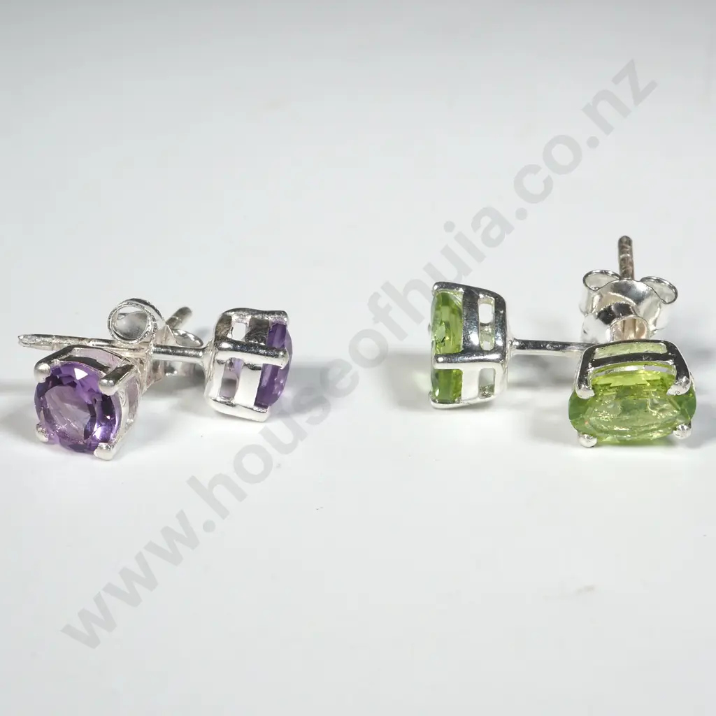 Two Pairs of Sterling Silver Stud Earrings - Peridot & Amethyst. Image 1++