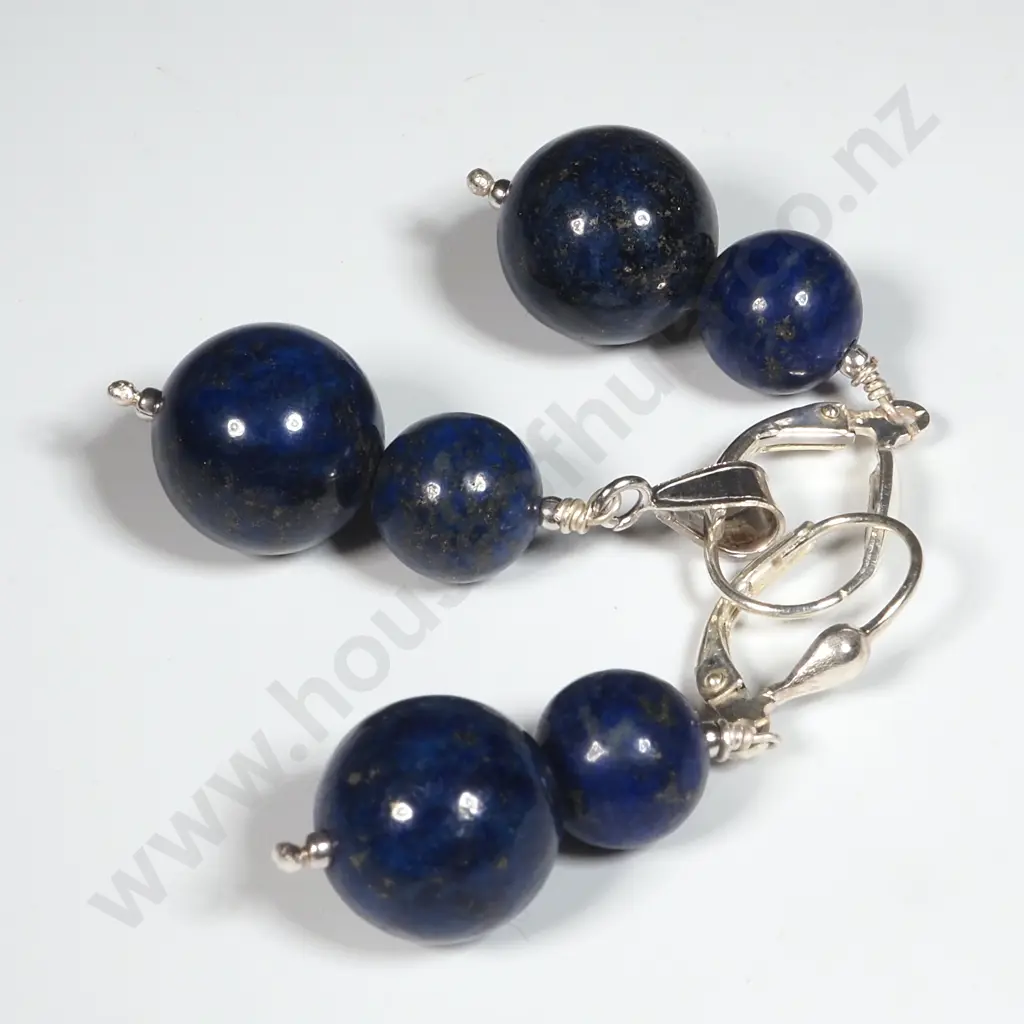 Sterling Silver Lapis Bead Drop Pendent & Earrings w Continental Locks. Image 1++