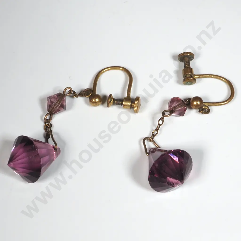 Edwardian Amethyst Coloured Screw On  Pendant Earrings Image 1++