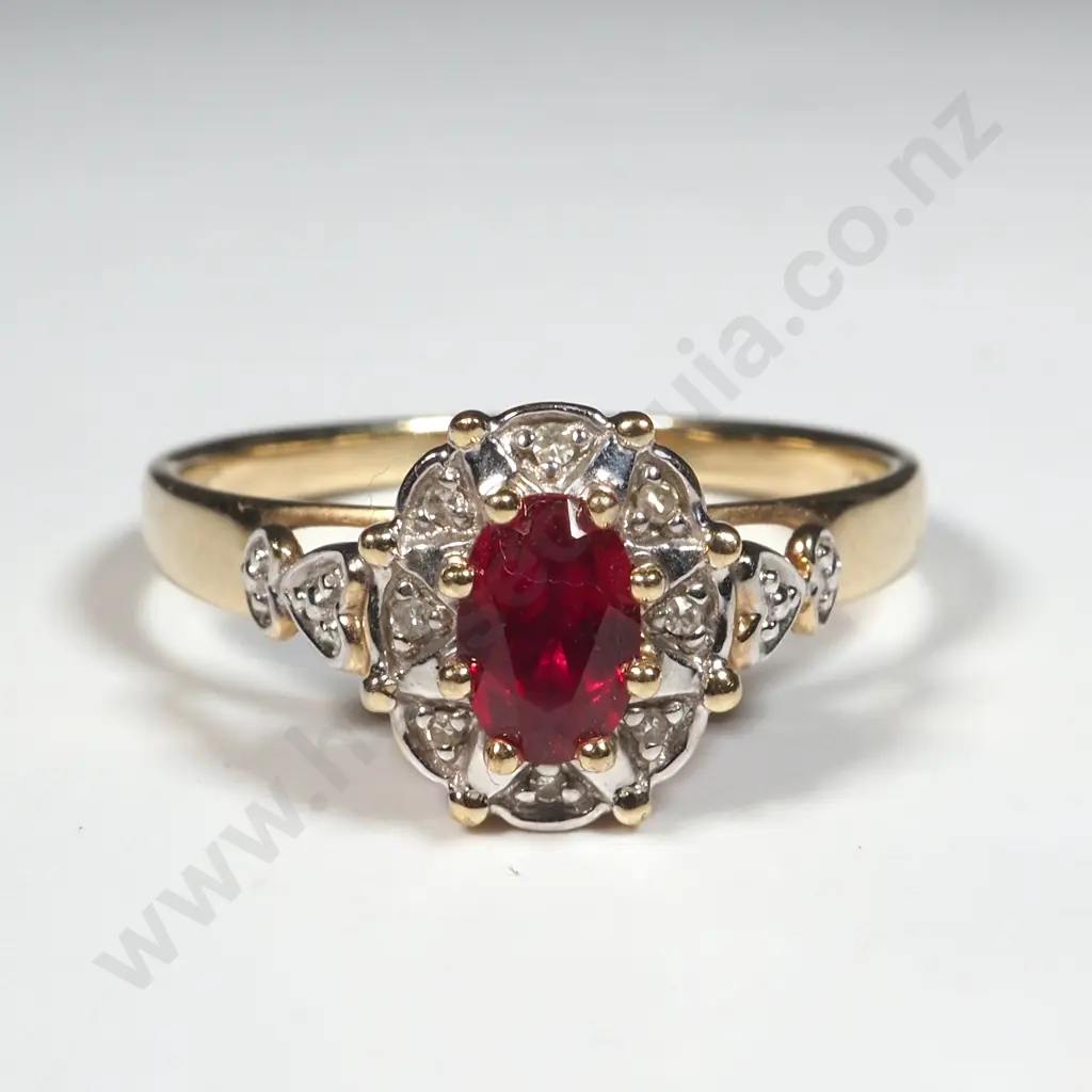 10ct Gold Diamond & Synthetic Ruby Ring Image 1++