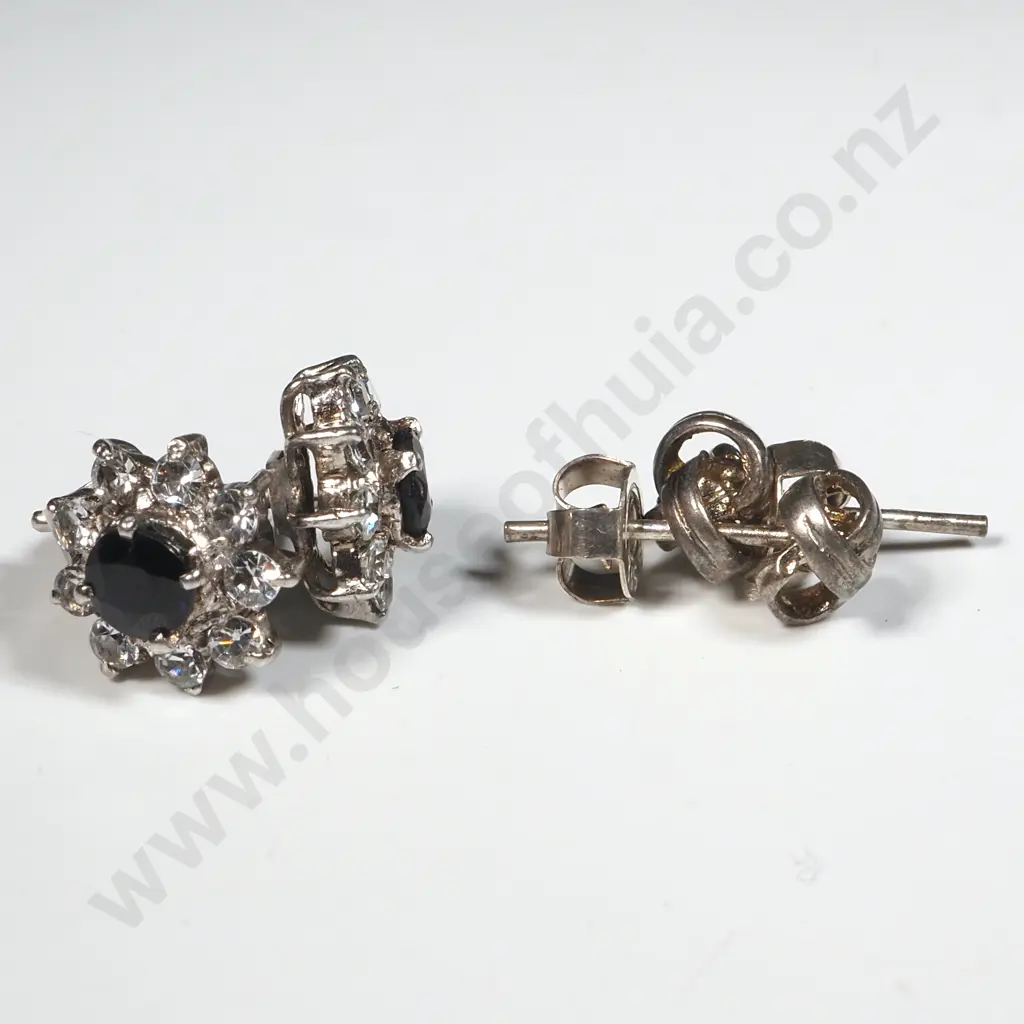 Two Pairs of Sterling Silver Stud Earrings, One w Blue & Diamond Style Gems. Image 1++