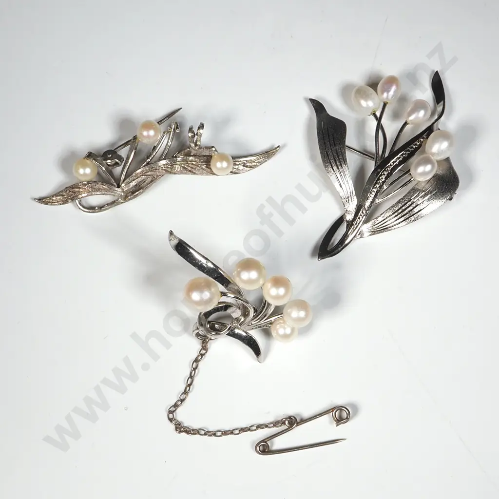 Three Sterling Silver & Pearl Brooches. Image 1++