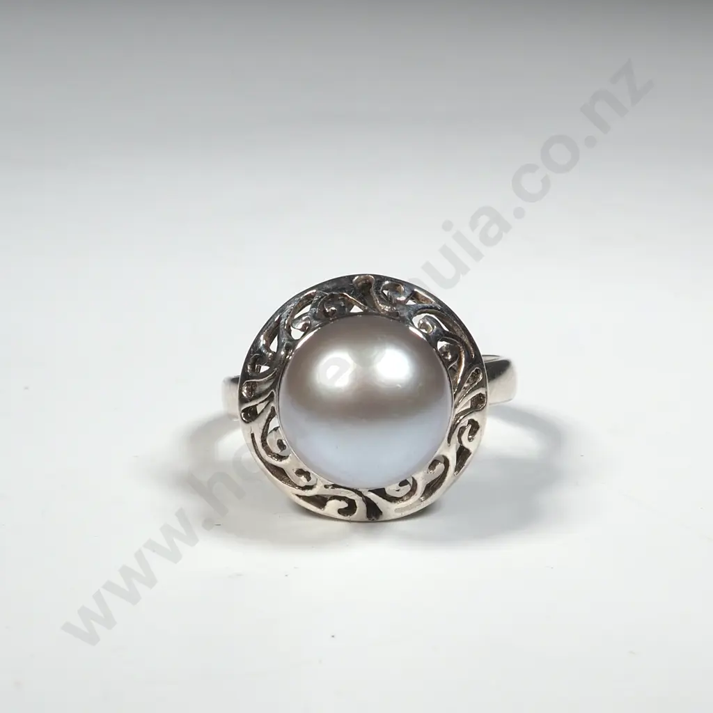 Sterling Silver Blue/Silver Pearl Ring in Filigree Design Setting. Image 1++