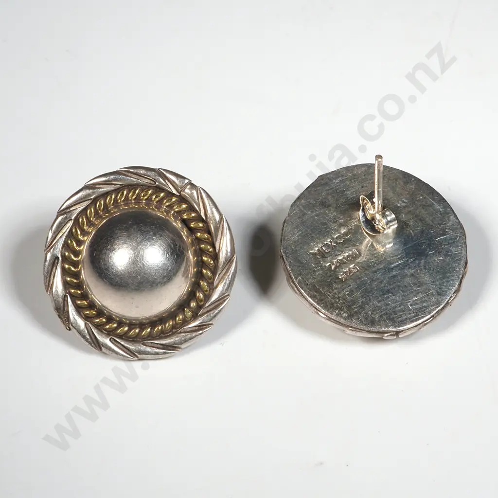 Pair Of Sterling Silver Half Dome Earrings With Highlighted Gold & Swirl Border Image 1++