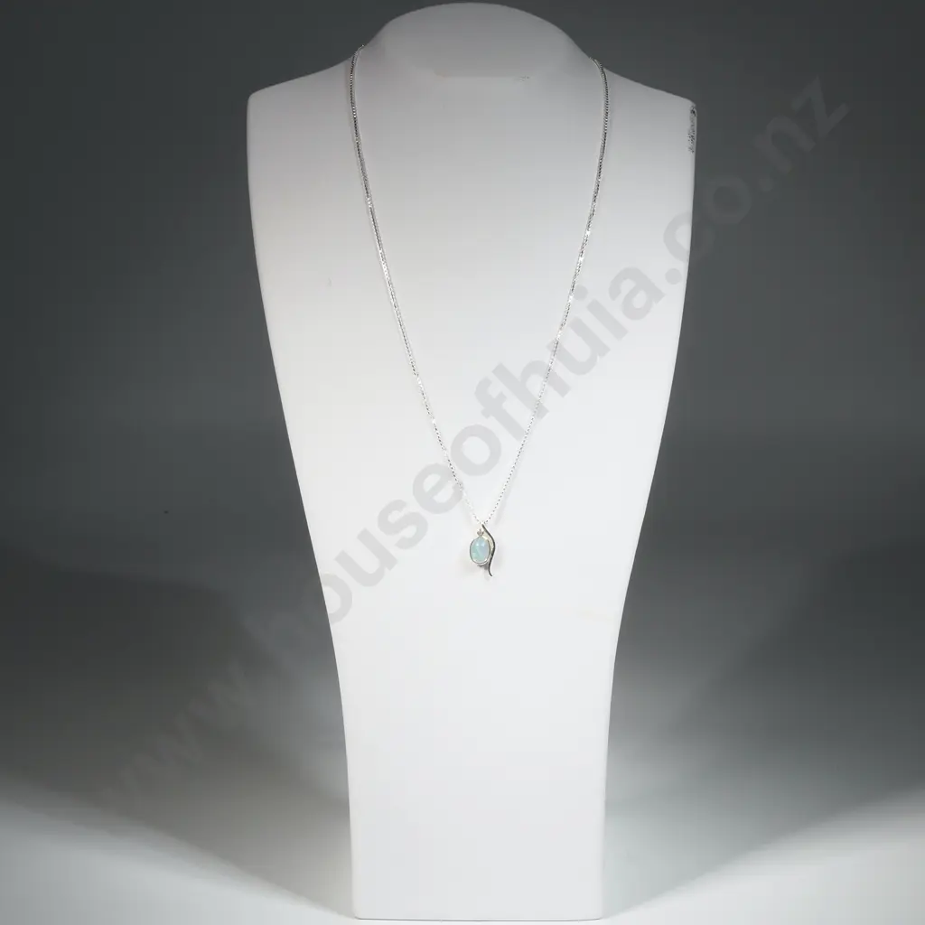 Sterling Silver Opal & Diamond Pendent & Chain. Image 1++