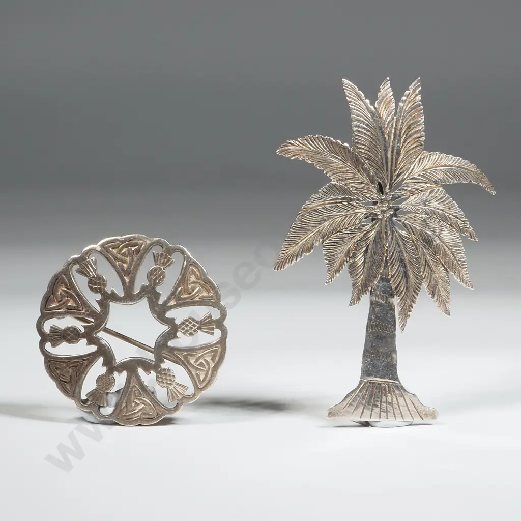 Two Sterling Silver Brooches - Circular Pineapple Motif, & Palm tree. Image 1++