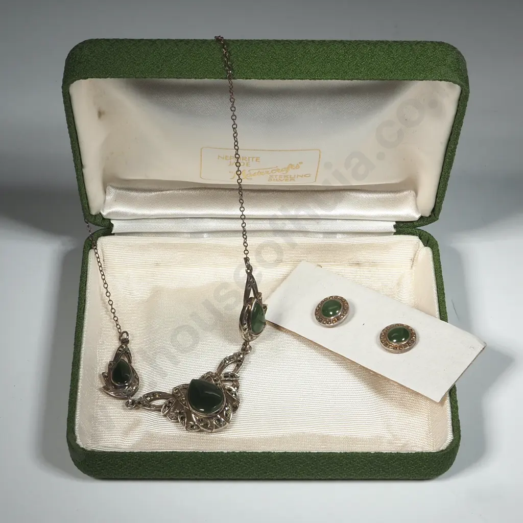 Sterling Silver Pounamu & Marcasite Pendant & Matching Earrings  Image 1++