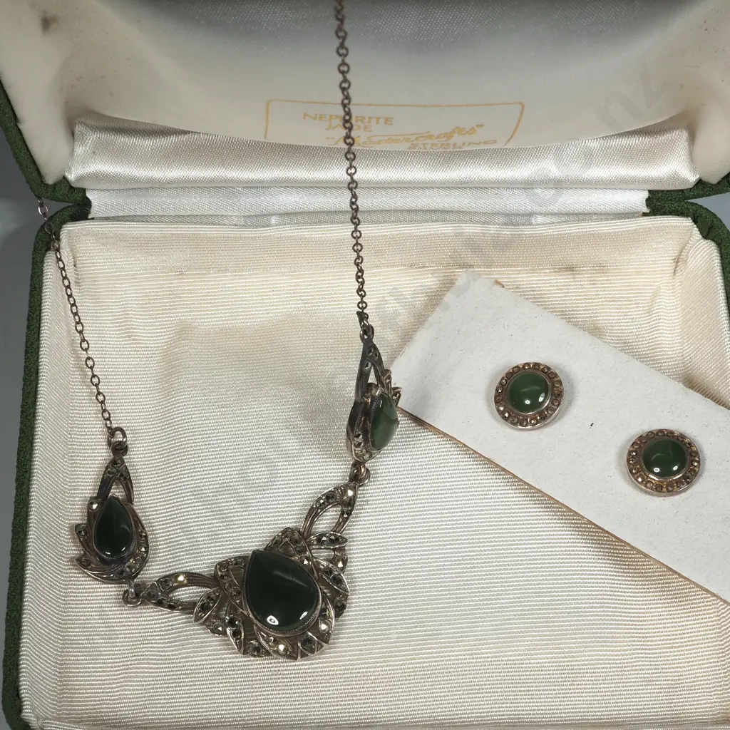 Sterling Silver Pounamu & Marcasite Pendant & Matching Earrings  Image 1++