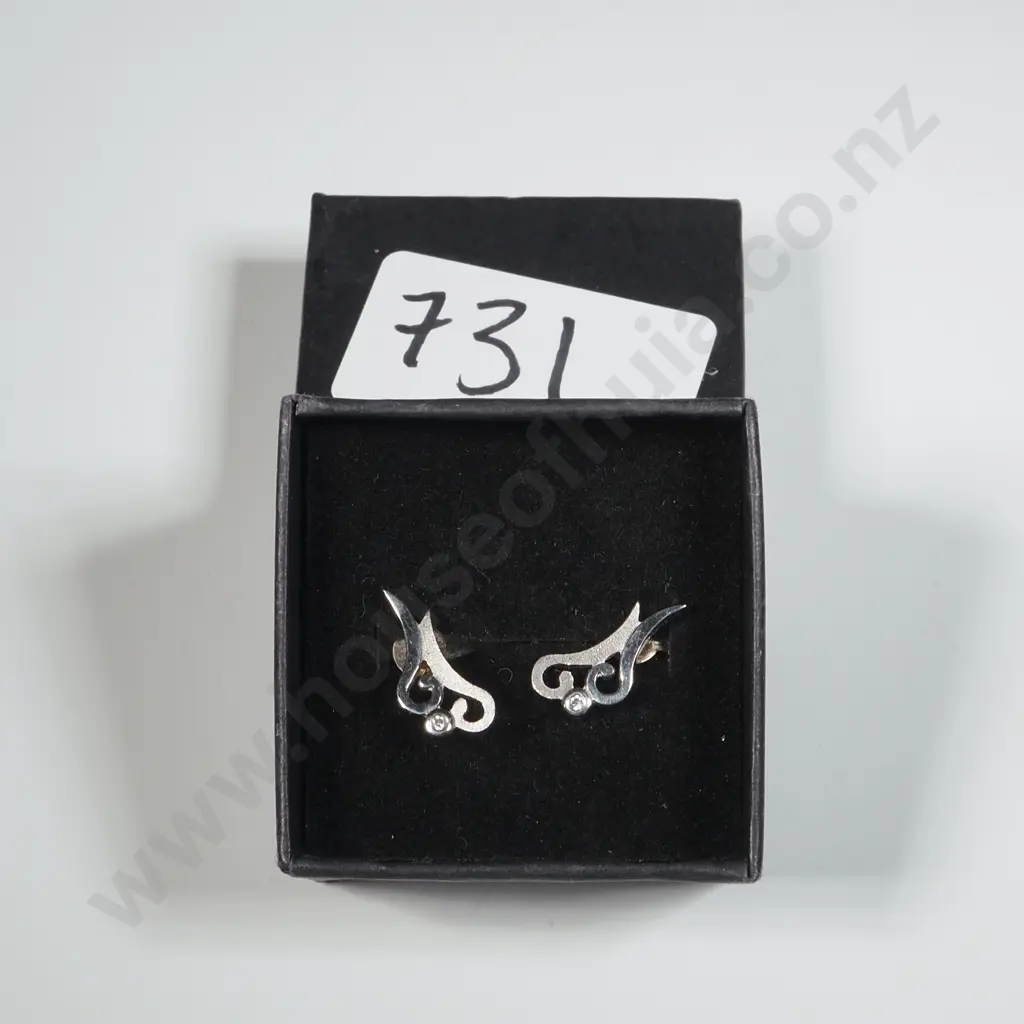 Pair Of Sterling Silver & White Stone Scroll Stud Earrings Image 1++