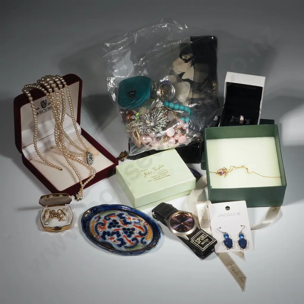 Quantity Of Costume Jewellery Including Pandora Charm In Box, Necklaces, Earrings etc.  Image 1++