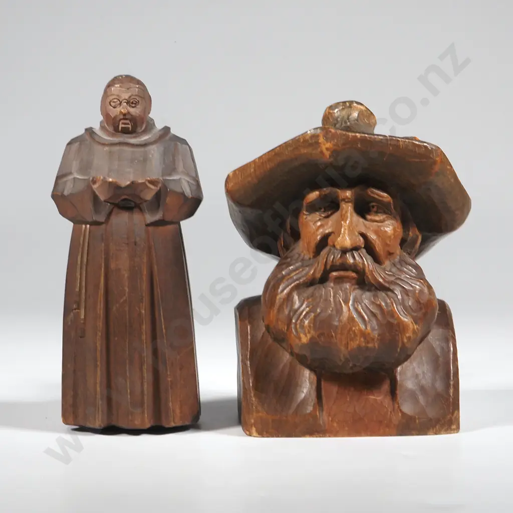 Black Forest Carved Figures of a Monk & a Bust of an Old Man In Tyrolian Hat. Image 1++