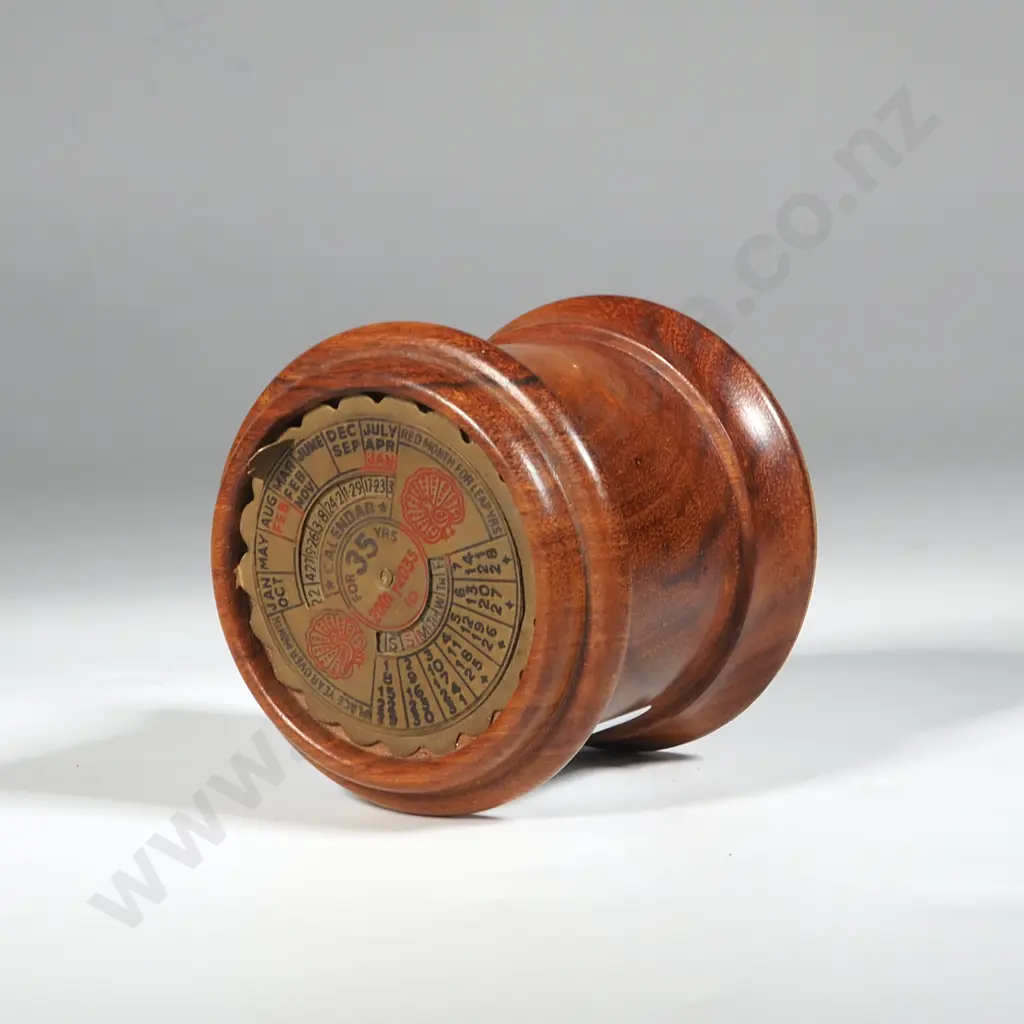 Brass 35 Year Perpetual Calendar Mounted on Turned Yew Wood Storage Pot. Image 1++