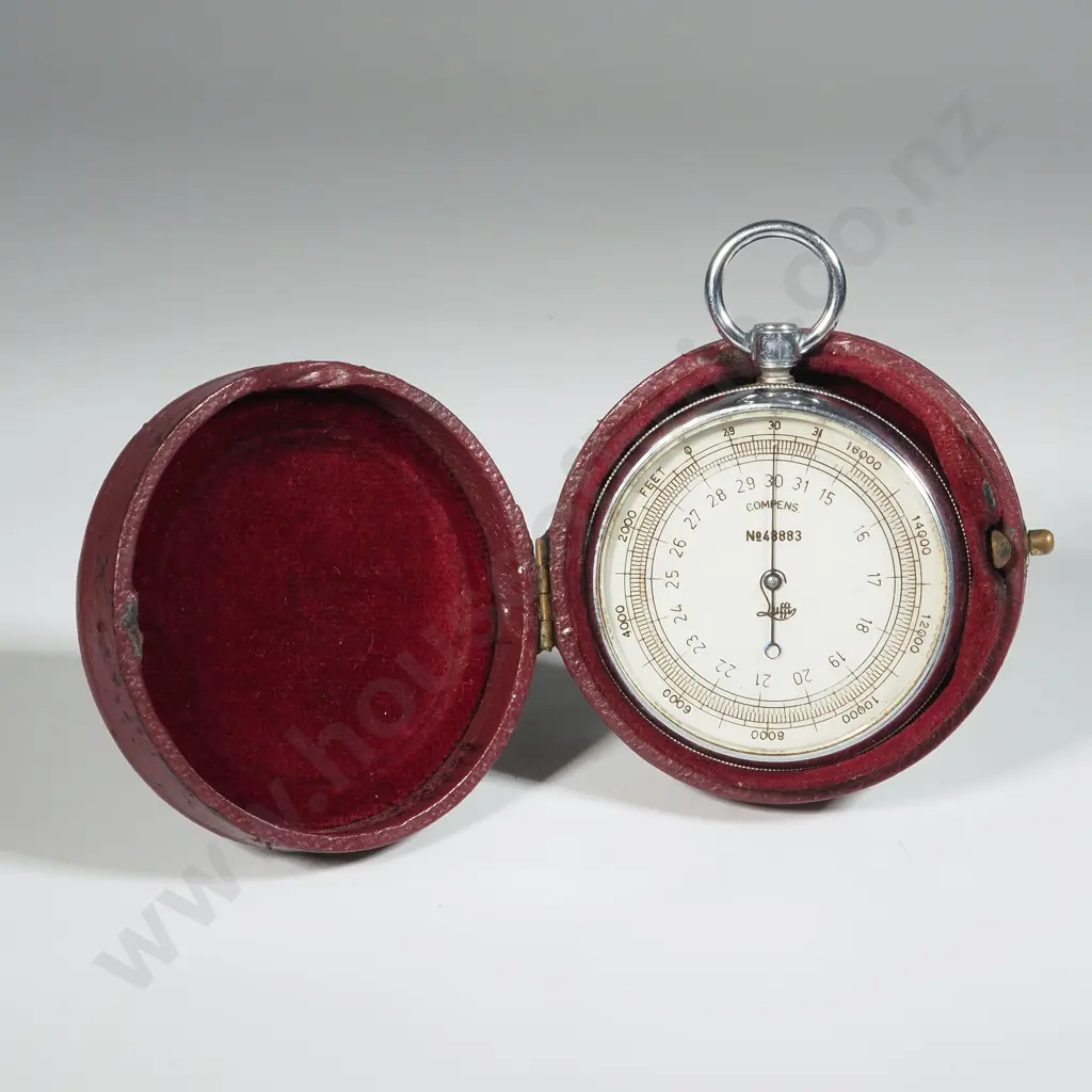 Chrome Plated Pocket Aneroid  Barometer Altimeter, German w Case. Image 1++